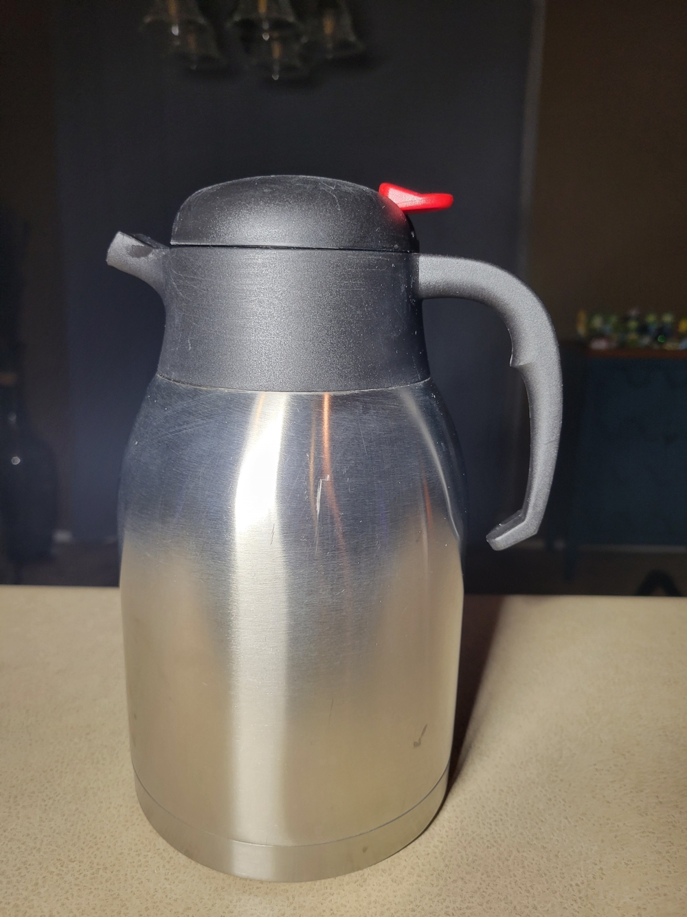 Stainless Steel Thermal Carafe with Black Lid and Red Pour Button